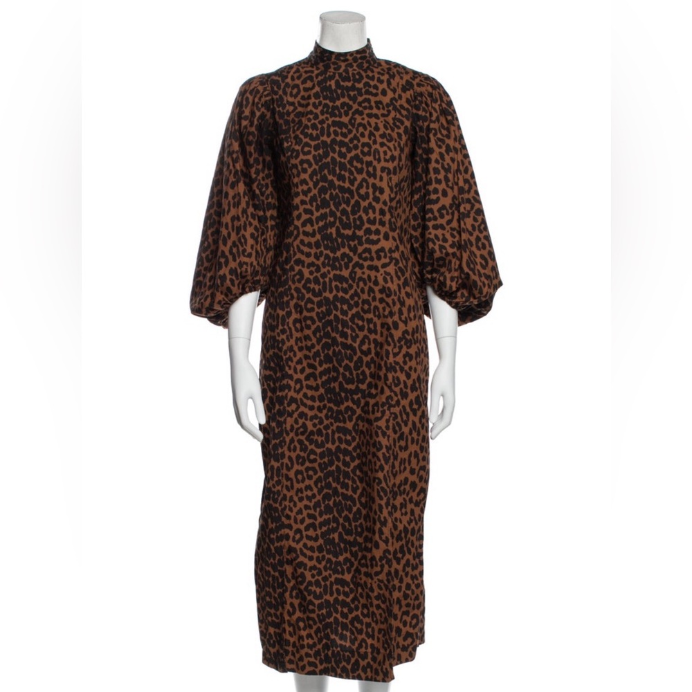 Ganni poplin leopard print mock neck shift dress